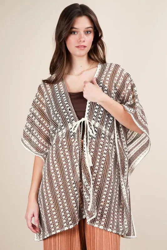 VERY J Full Size Striped Poncho Boho Cardigan Plus Size