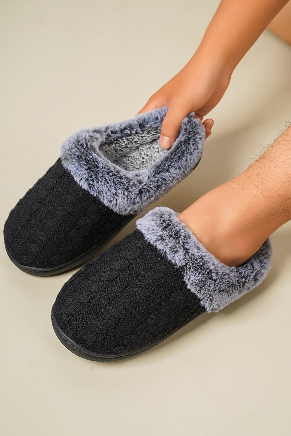 Cable-Knit Fluff Round Toe Slippers - Laazaar