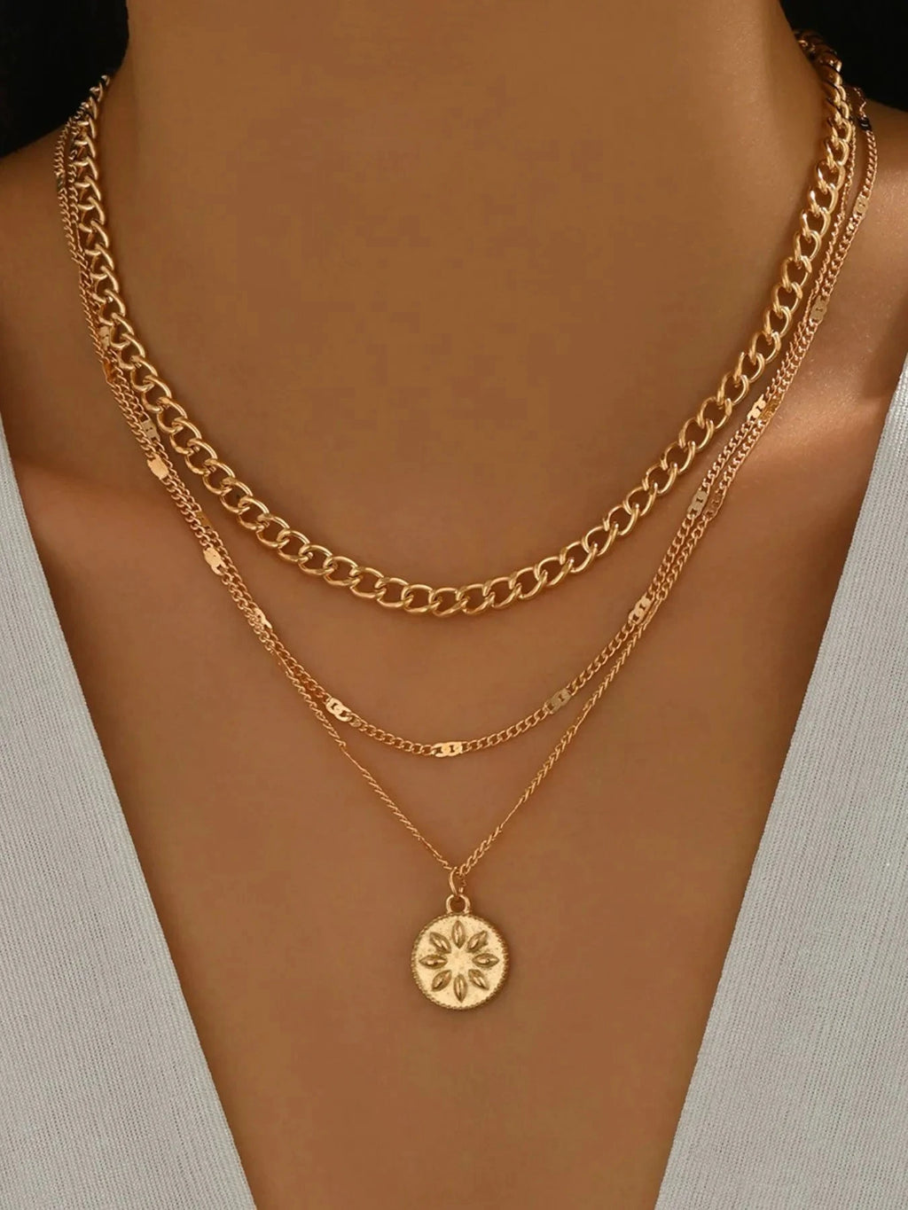 18K Gold-Plated Layered Necklace with Sun Medallion Pendant