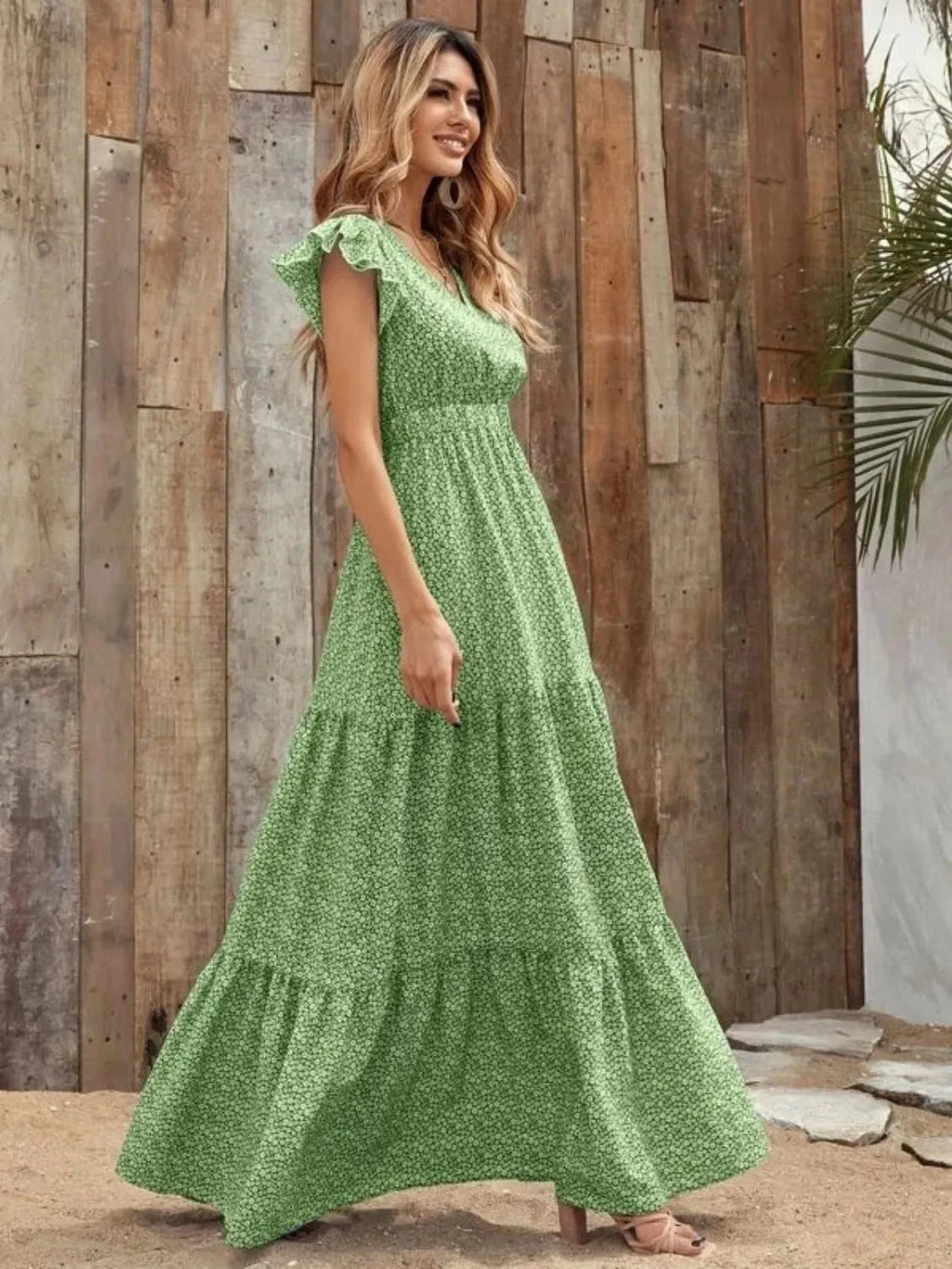 Printed V-Neck Ruffled Cap Sleeve Maxi Dress
