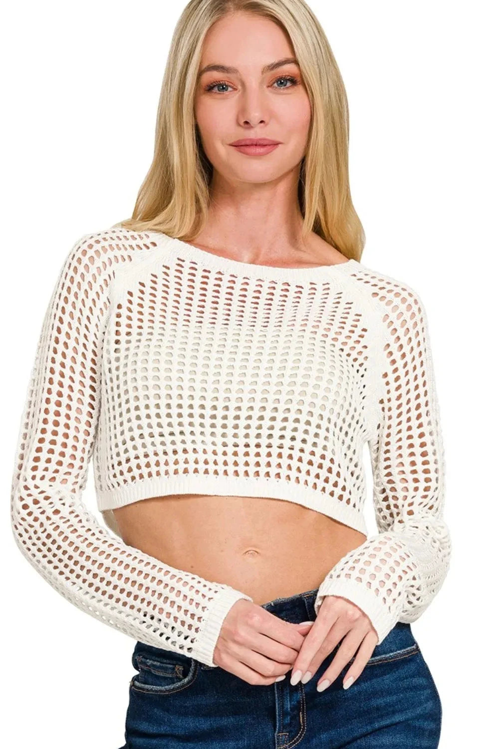 Zenana Hollow Knitted Cropped Round Neck Sweater
