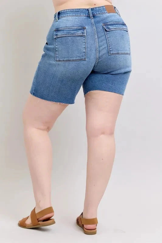 Judy Blue Full Size Mid Rise Bermudas Denim Shorts W/ Back Flap Pockets Plus Size