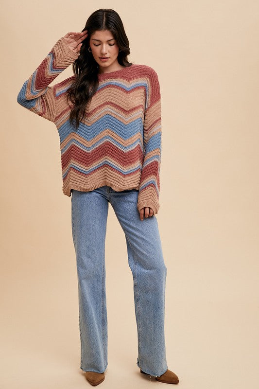 Annie Wear Multi Color Zig-Zag Round Neck Sweater - Laazaar