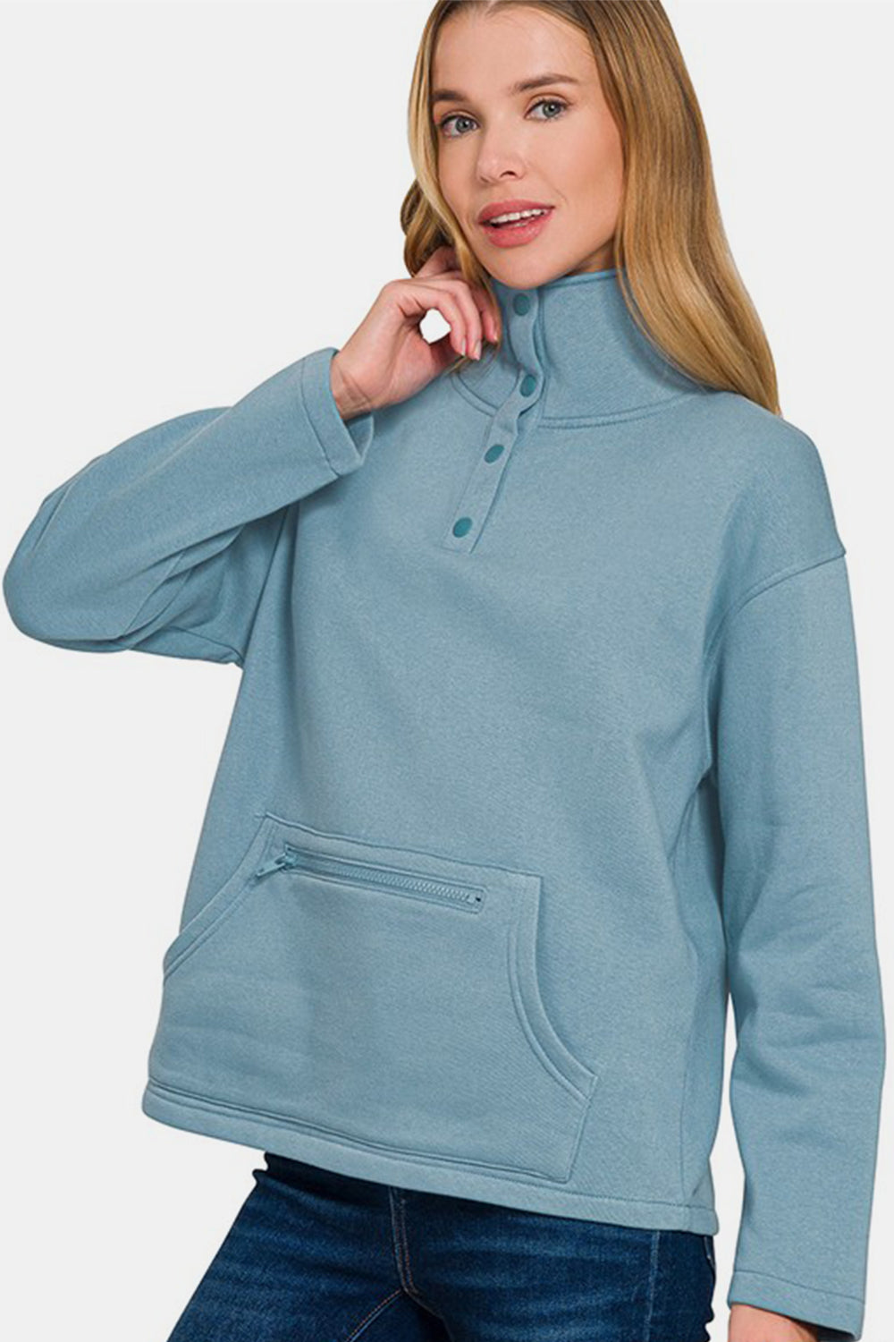 Zenana Turtleneck Half Snap Fleece Sweatshirt - Laazaar