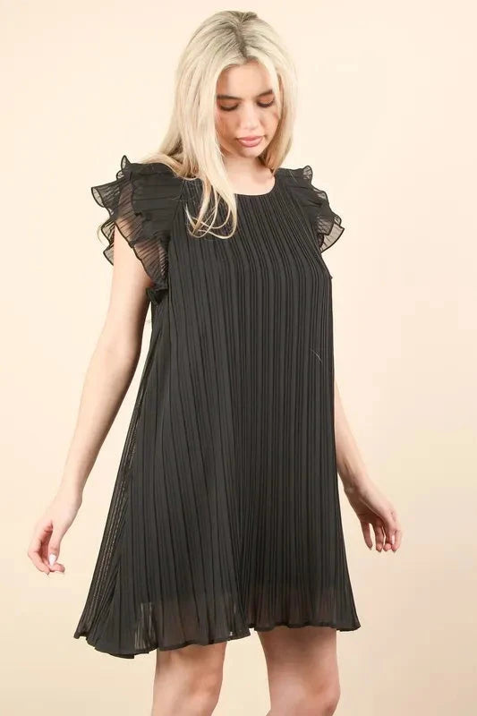 VERY J Plus Size Ruffle Sleeve Pleated Woven Mini Dress
