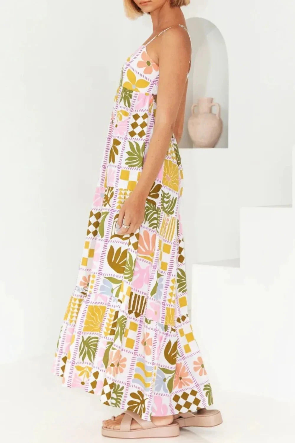 Cutout Back Printed Square Neck Maxi Cami Dress