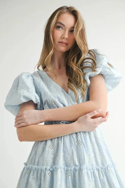 MABLE Eyelet Lace Puff Sleeve V Neck Midi Dress