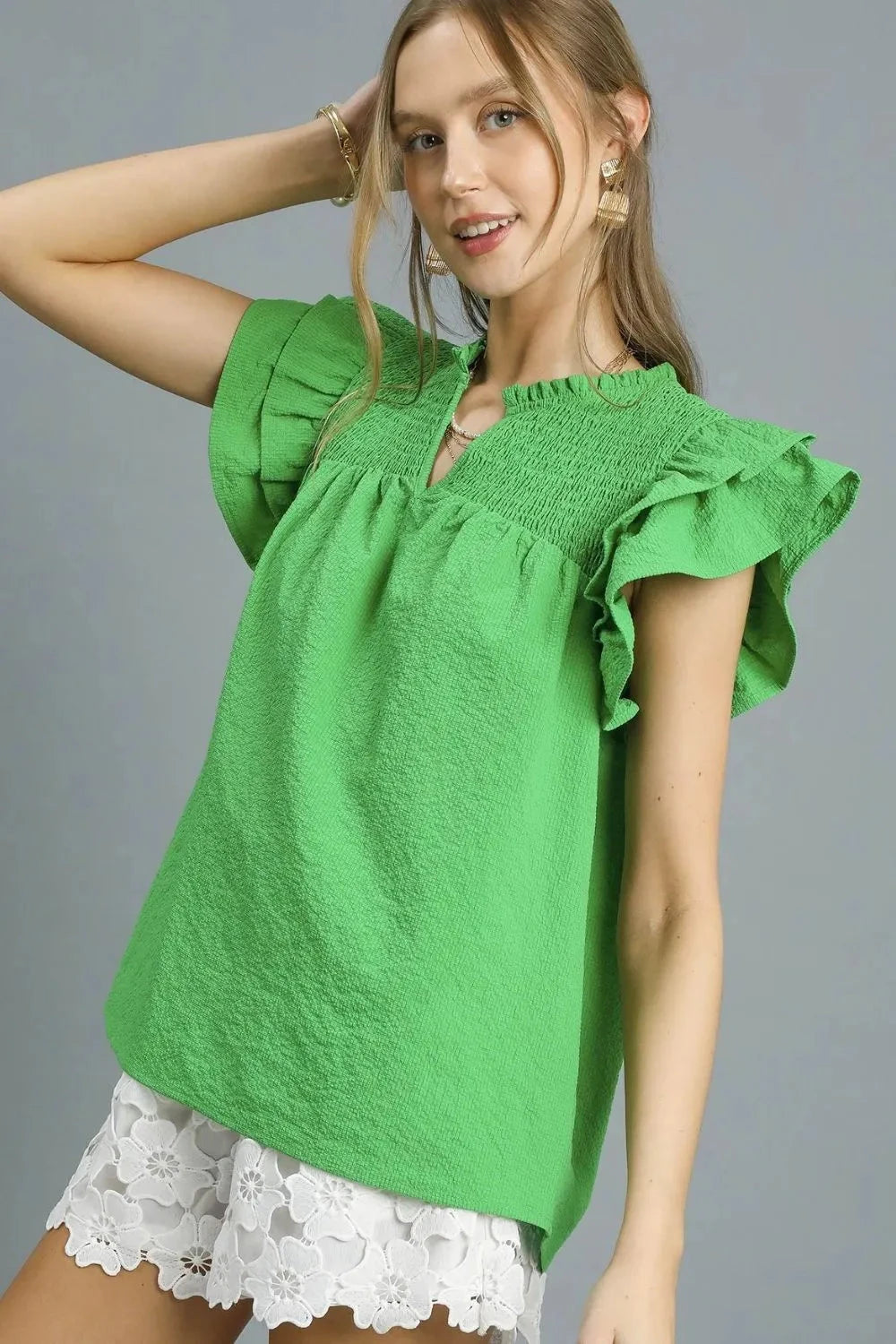 Umgee Smocked Layered Ruffle Sleeve Blouse