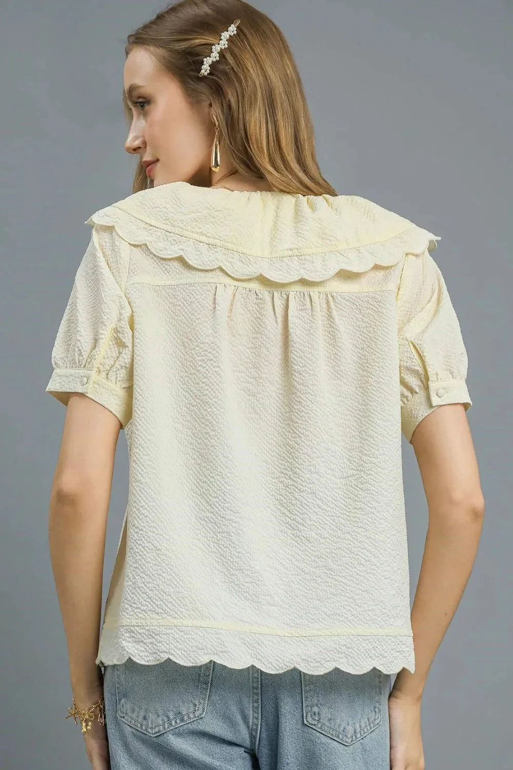 Umgee Peter Pan Collar Short Sleeve Blouse