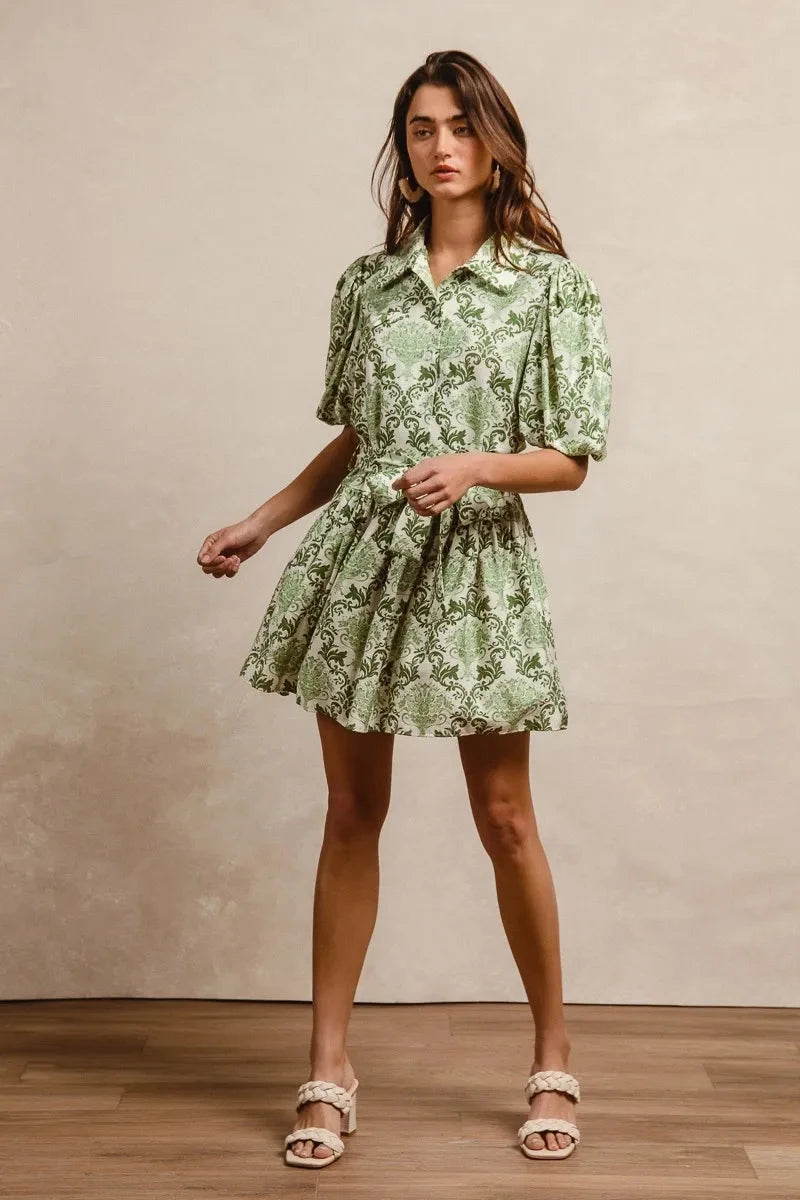 BiBi Tied Floral Short Sleeve Mini Shirt Dress