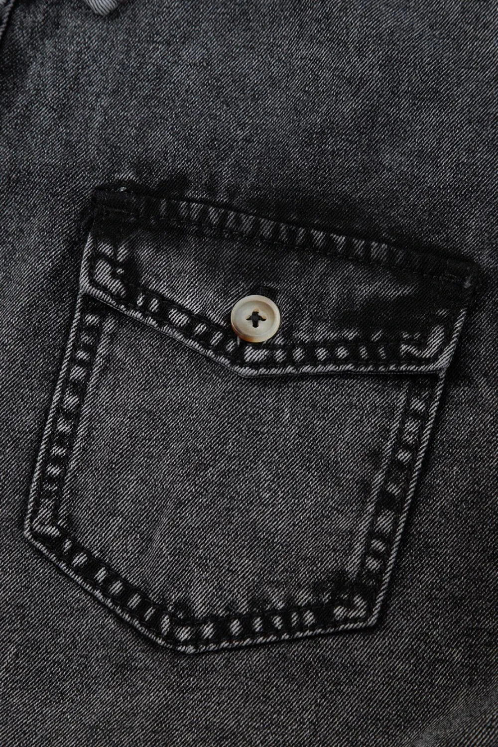 Short Sleeve Flap Pocket Button Up Raw Hem Denim Shirt