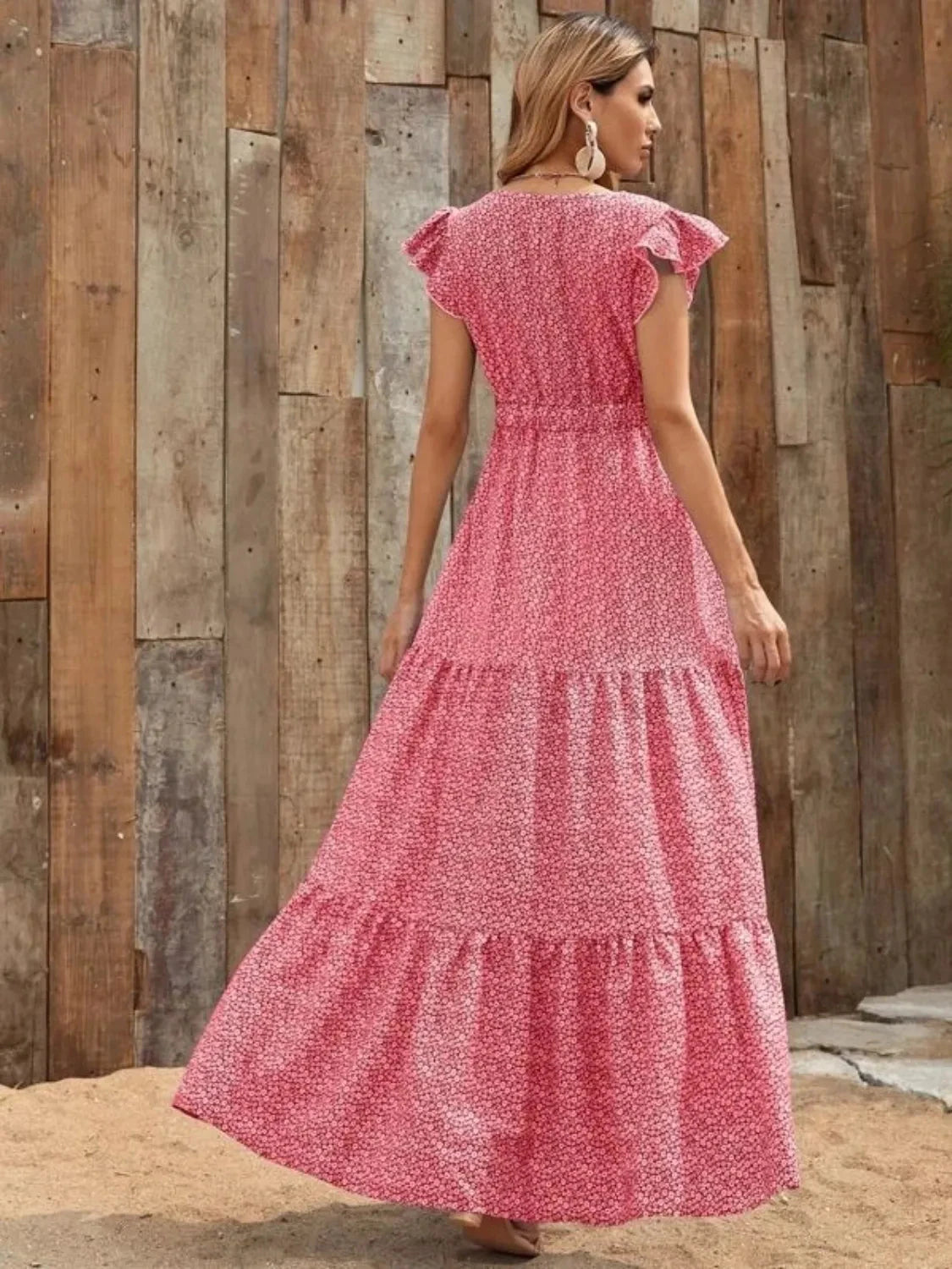 Printed V-Neck Ruffled Cap Sleeve Maxi Dress