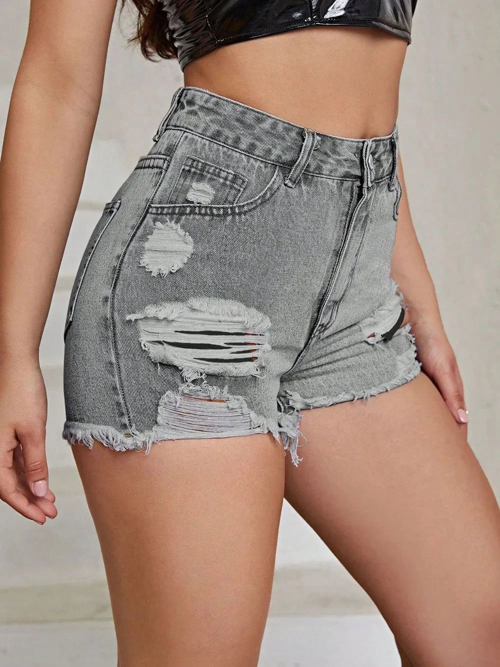 Distressed Raw Hem High Rise Denim Shorts