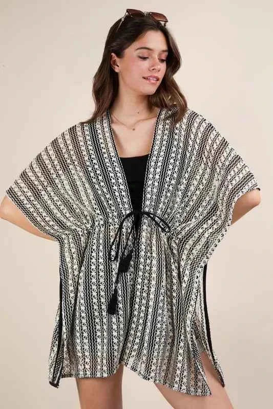 VERY J Full Size Striped Poncho Boho Cardigan Plus Size