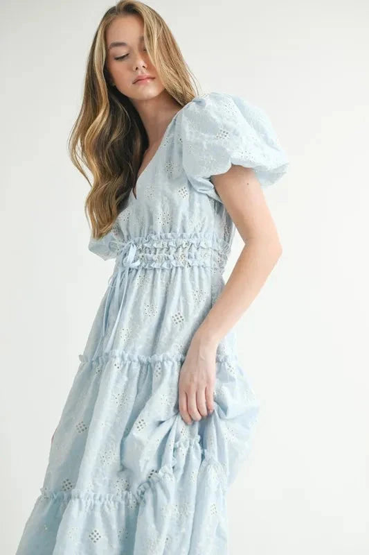 MABLE Eyelet Lace Puff Sleeve V Neck Midi Dress