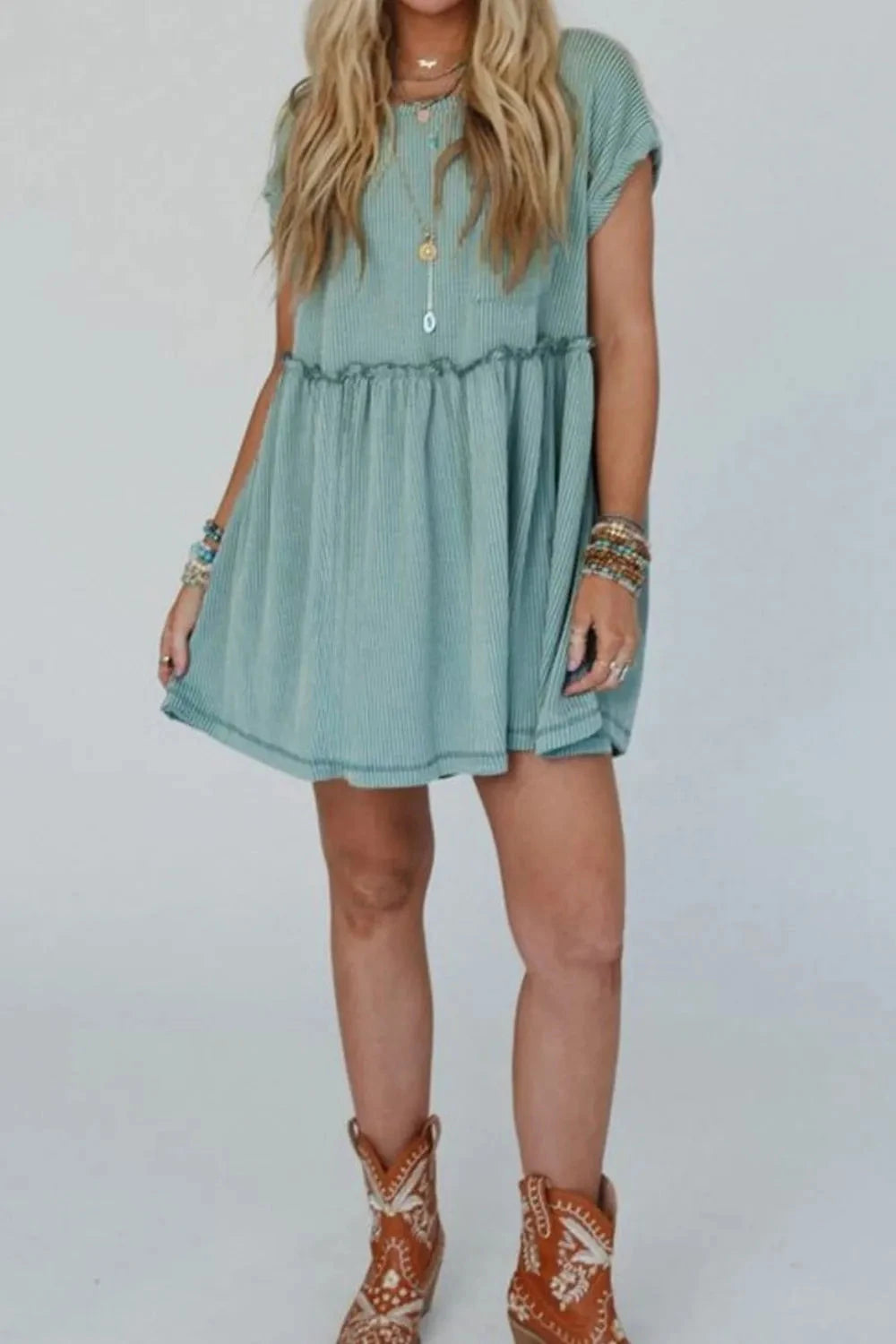 Frill Round Neck Cap Sleeve Mini Dress