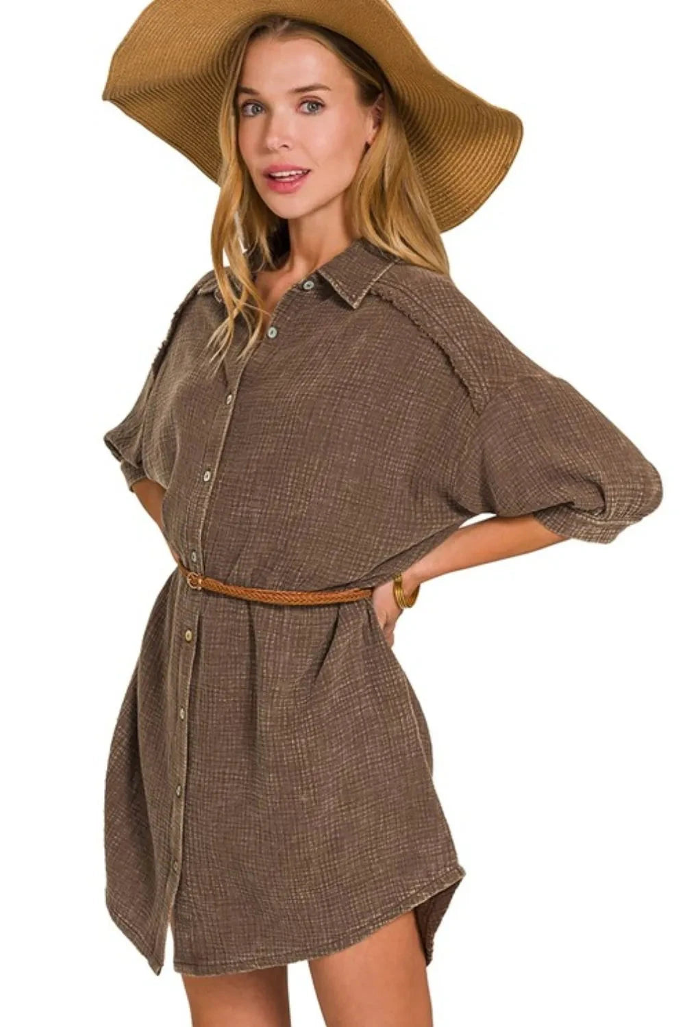 Zenana Washed Double Gauze Button Down Shirt Dress