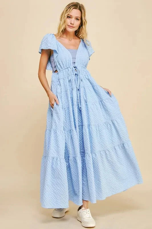 Davi & Dani Crinkled Texture Flutter Cap Sleeve Midi Dress