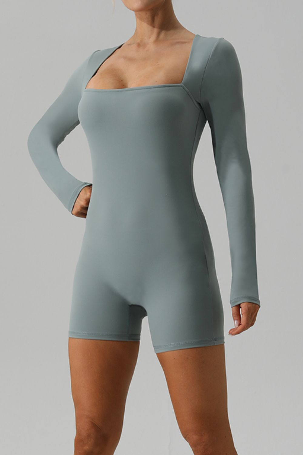 Square Neck Long Sleeve Active Romper - Laazaar