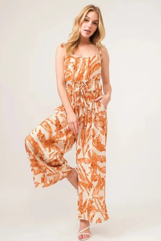 And The Why Waist Strings Abstract Print Wide Leg Jumpsuit