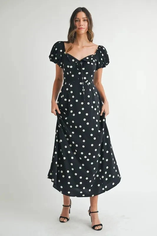 MABLE Polka Dot Puff Sleeve Midi Dress