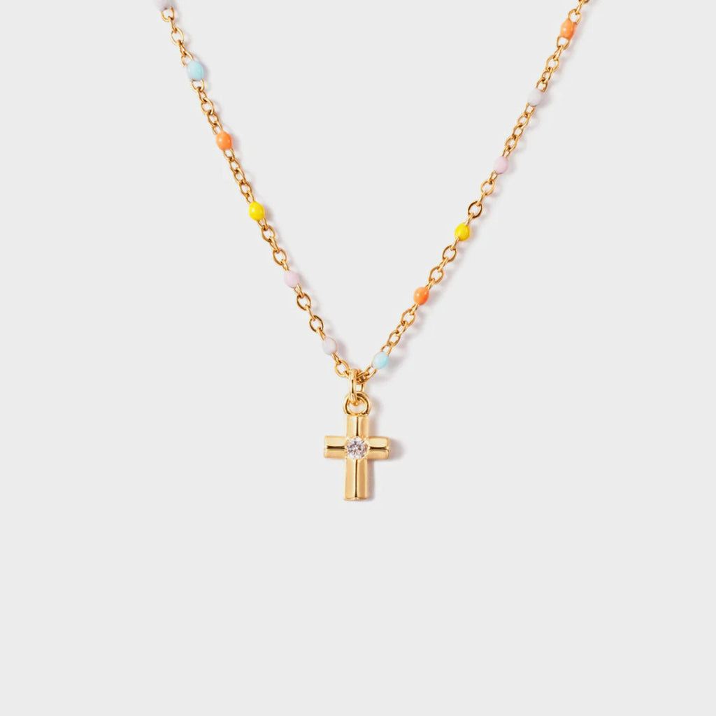 Inlaid Zircon 18K Gold-Plated Cross Bead Necklace - Laazaar