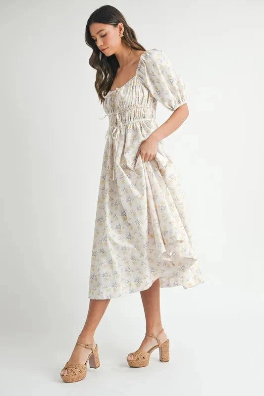 MABLE Floral Drawstring Detail Puff Sleeve Midi Dress
