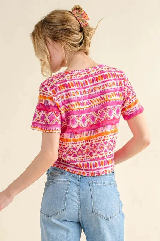 And The Why Printed V Neck Cropped T-Shirt