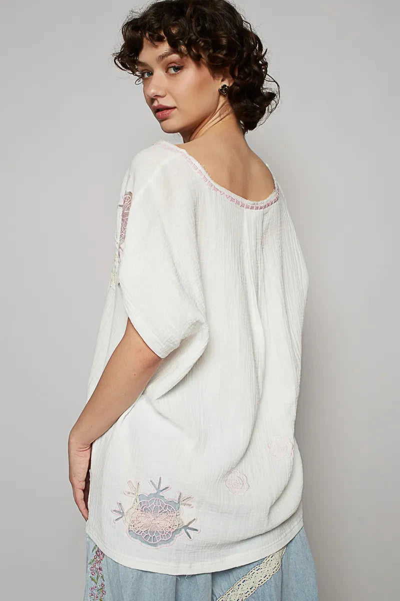 POL Embroidered Floral V-Neck T-Shirt