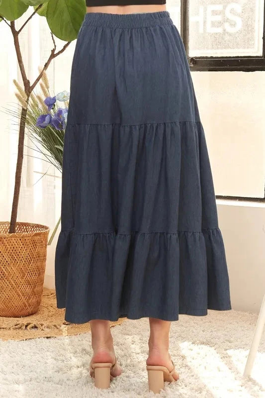 ADORA Waist Band Tiered Denim Maxi Skirt