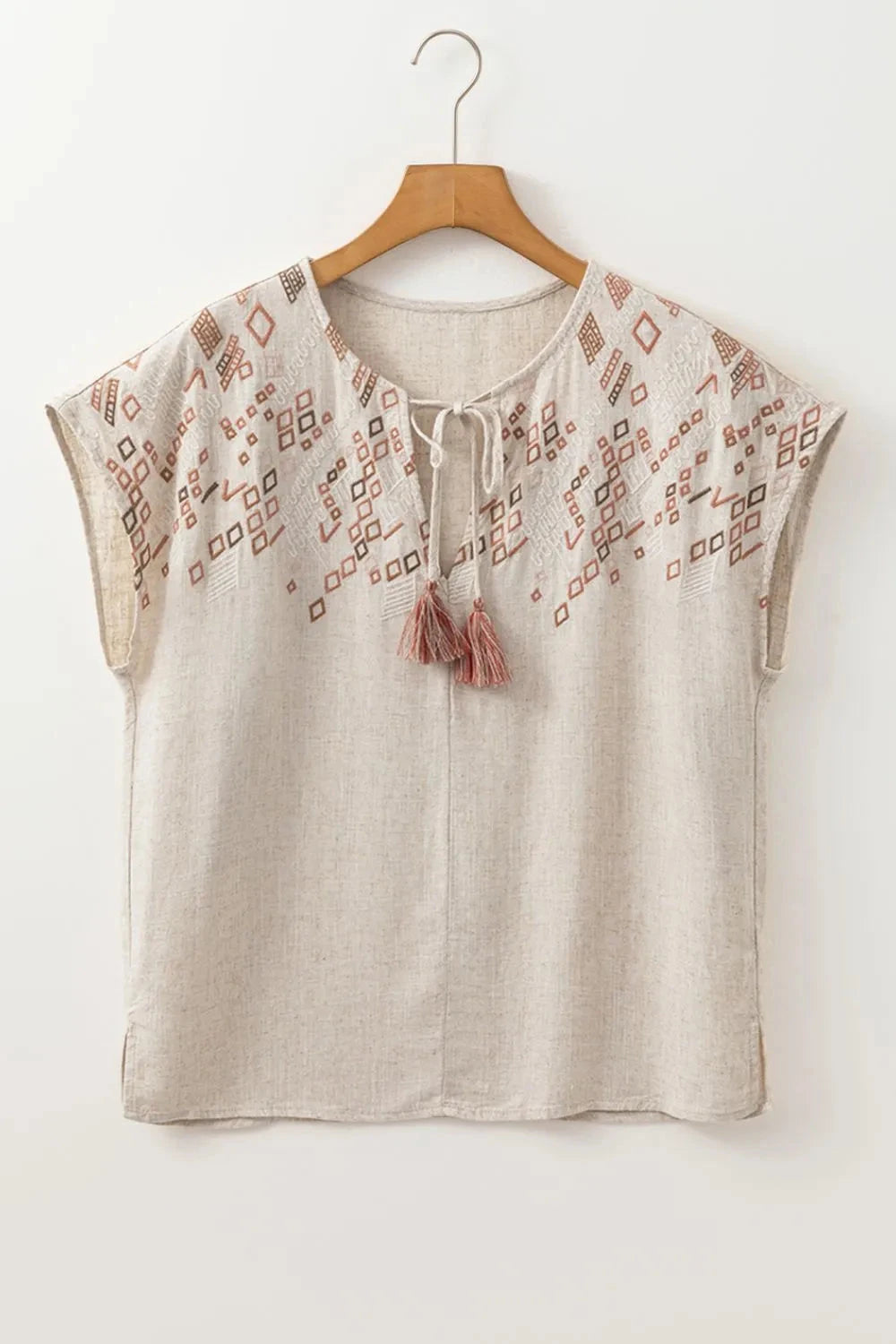 Geometric Embroidered Short Sleeve Tassel Tie Neck Blouse