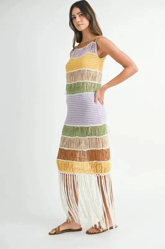 MABLE Multi Color Fringed Crochet Knit Dress