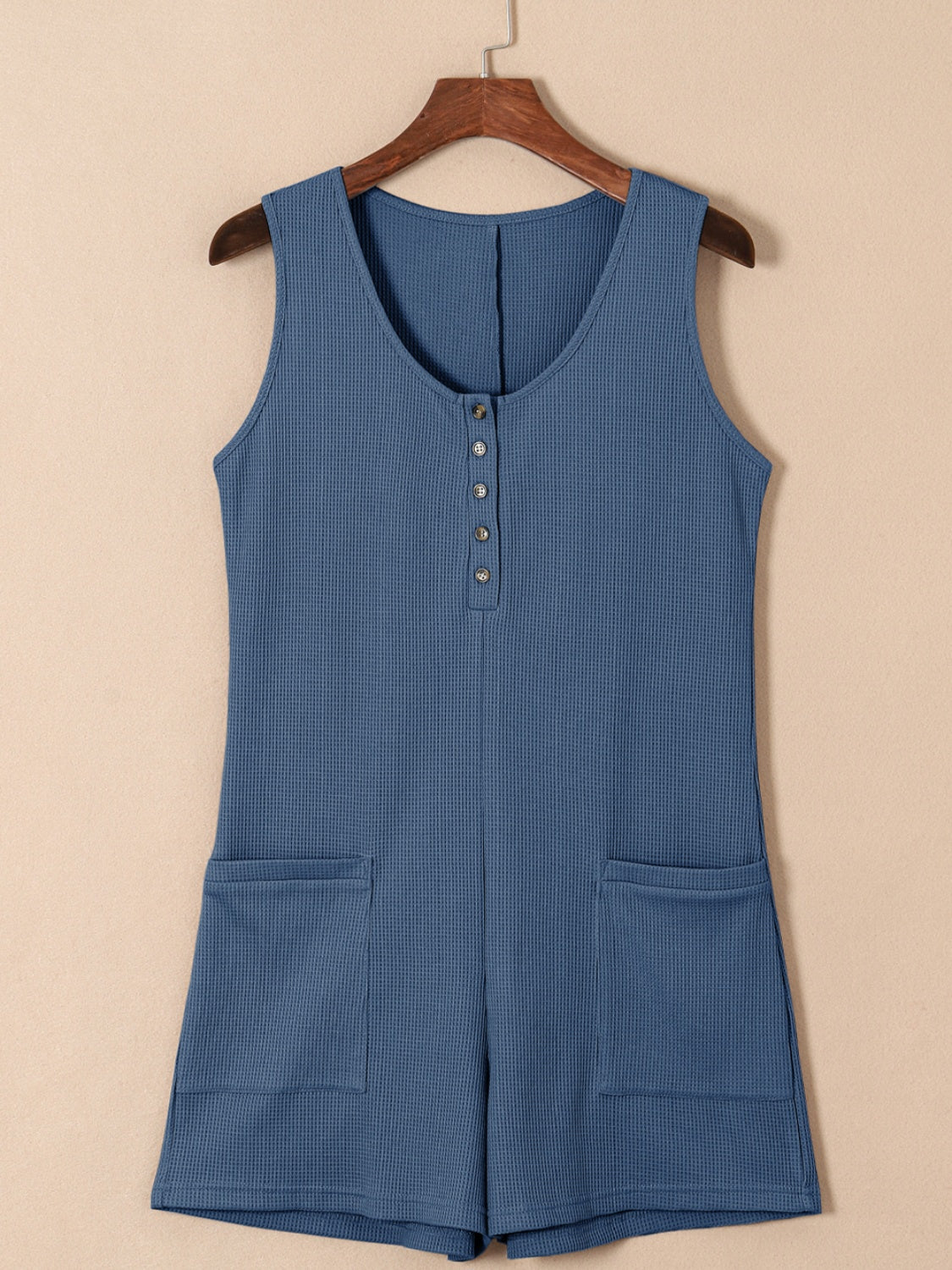 Waffle-Knit Half Button Sleeveless Romper with Pockets - Laazaar