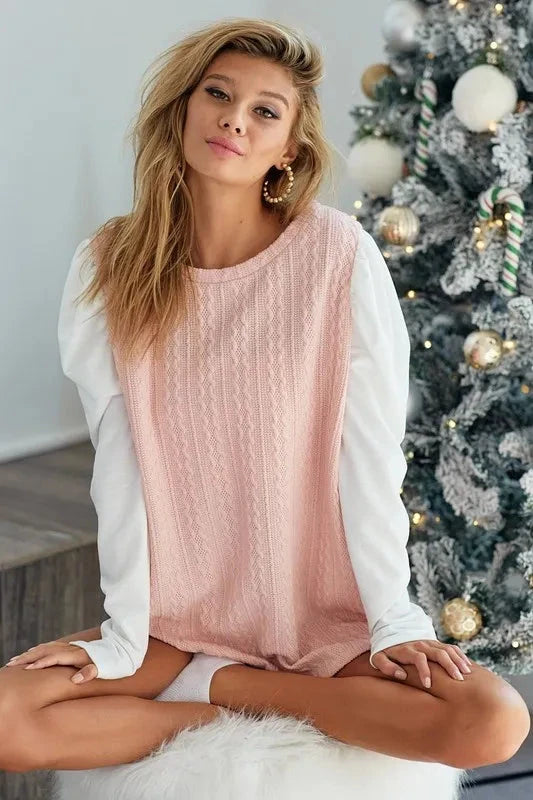 BiBi Cable Sweater Knit Top with Contrast Puff Sleeve