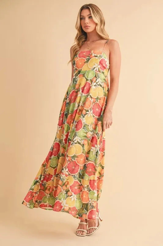 Aemi + Co Fruit Print Square Neck Maxi Cami Dress