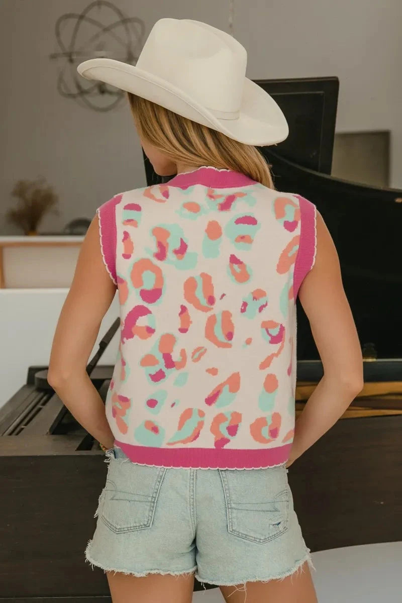 BiBi Leopard Sweater Vest With Front Tie and Scallop Detail