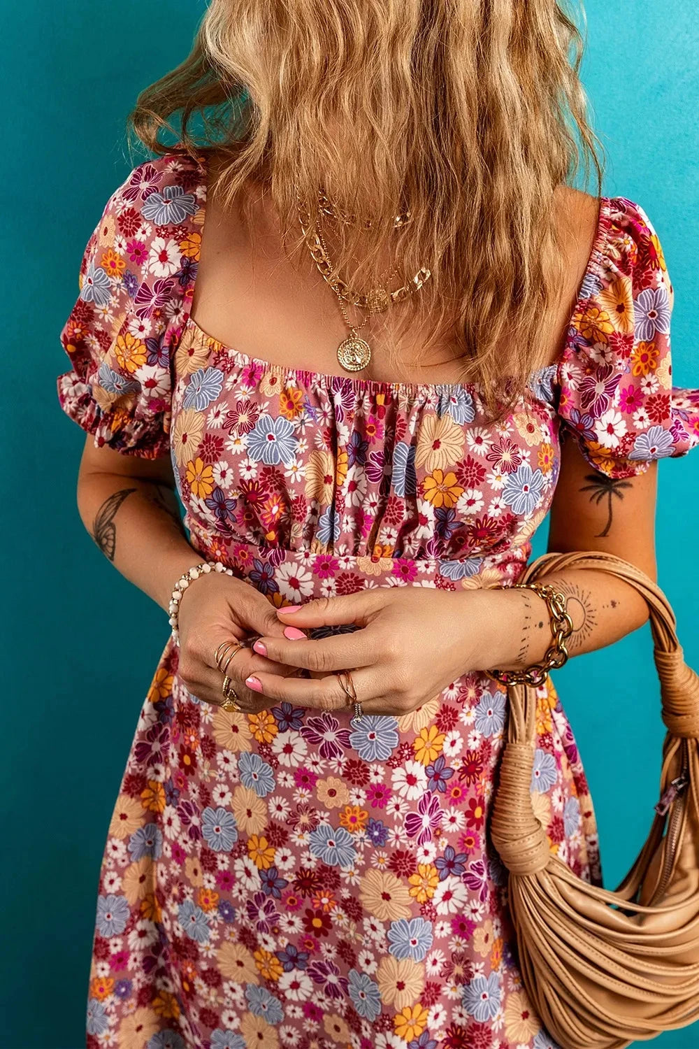 Floral Puff Sleeve Square Neck Knot Open Back Mini Dress