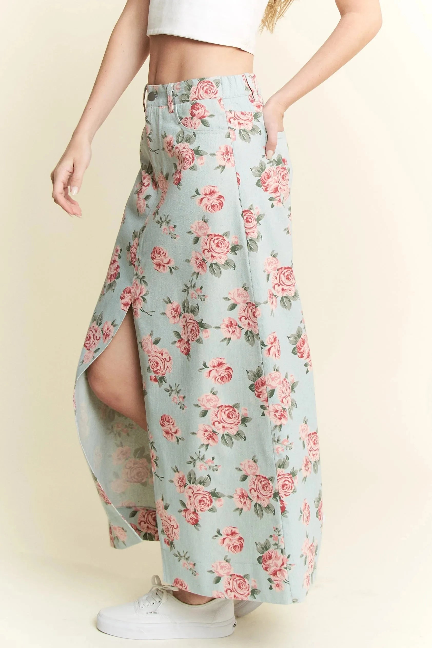 Jade By Jane Full Size Floral Print Front Slit Denim Maxi Skirt Plus Size