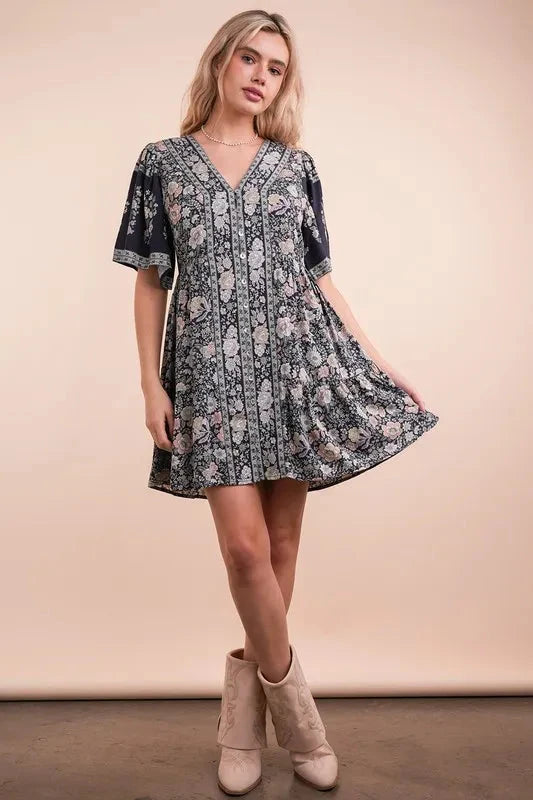 VERY J Shirring Detail Printed Woven Mini Dress