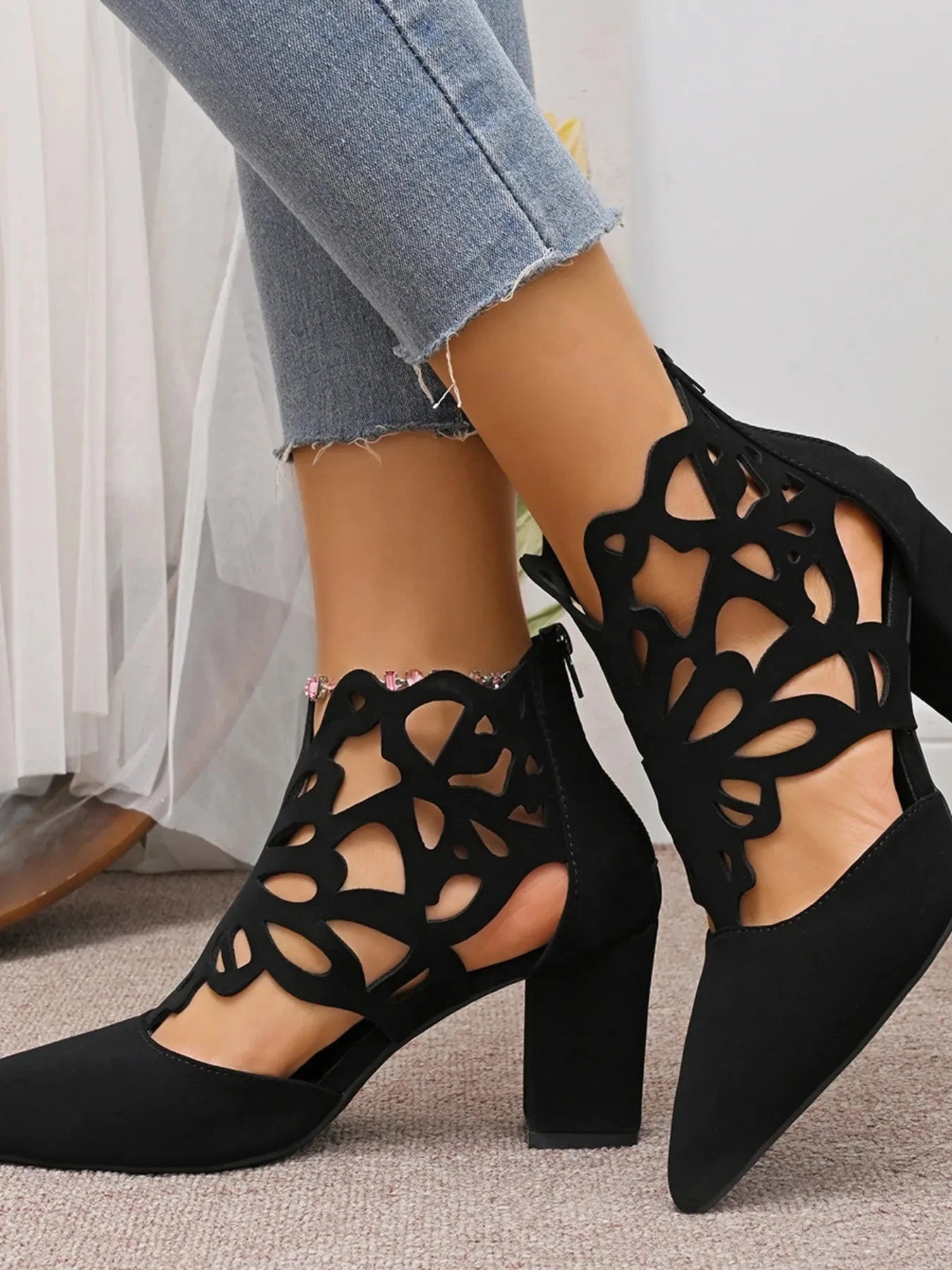 Pointed Toe Cut-Out Block Heel Pumps