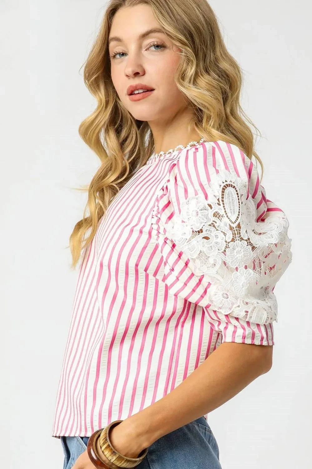 Umgee Striped Lace Puff Sleeve Blouse