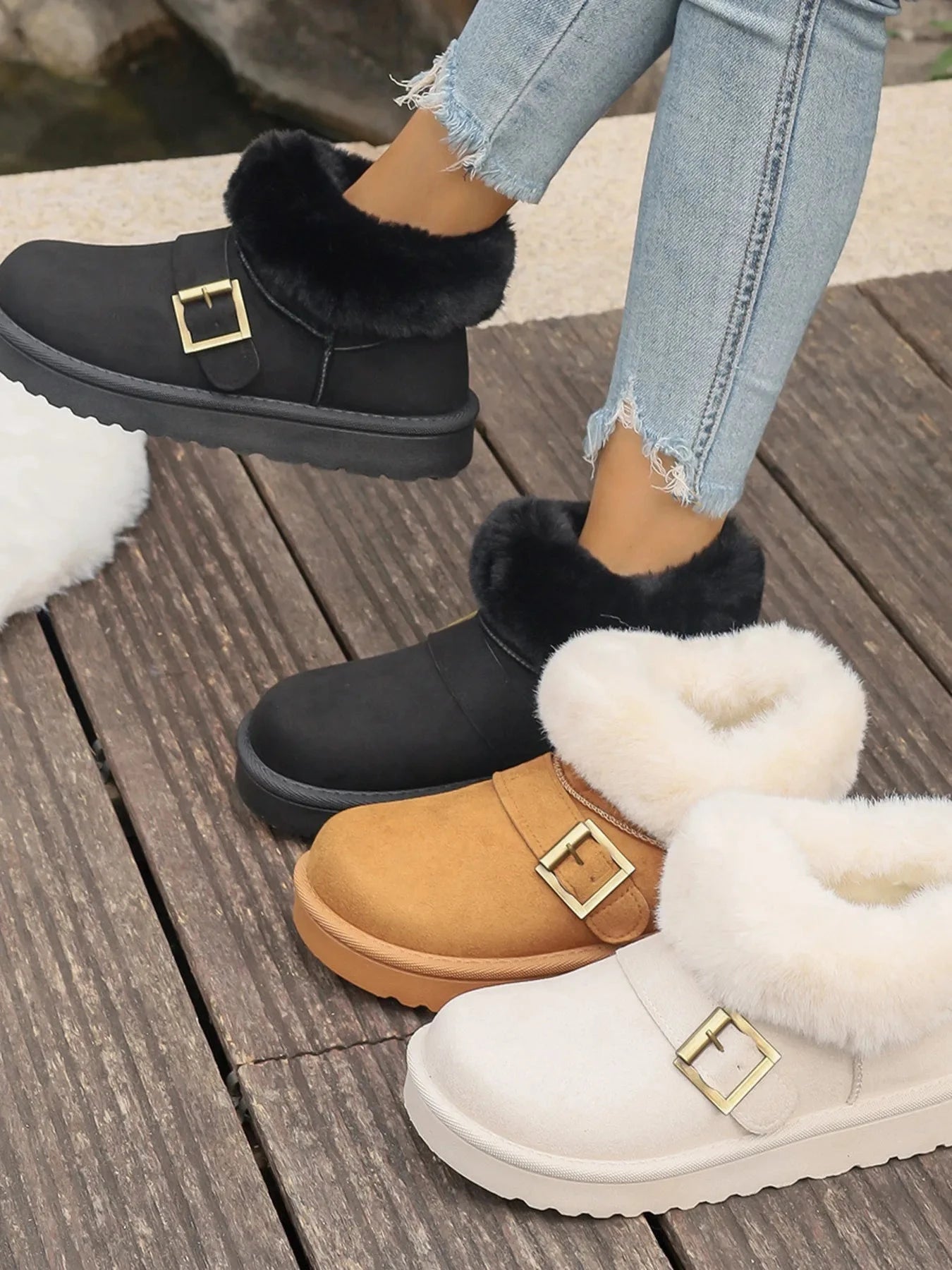 Fur-Lined Buckle Winter Ankle Boots