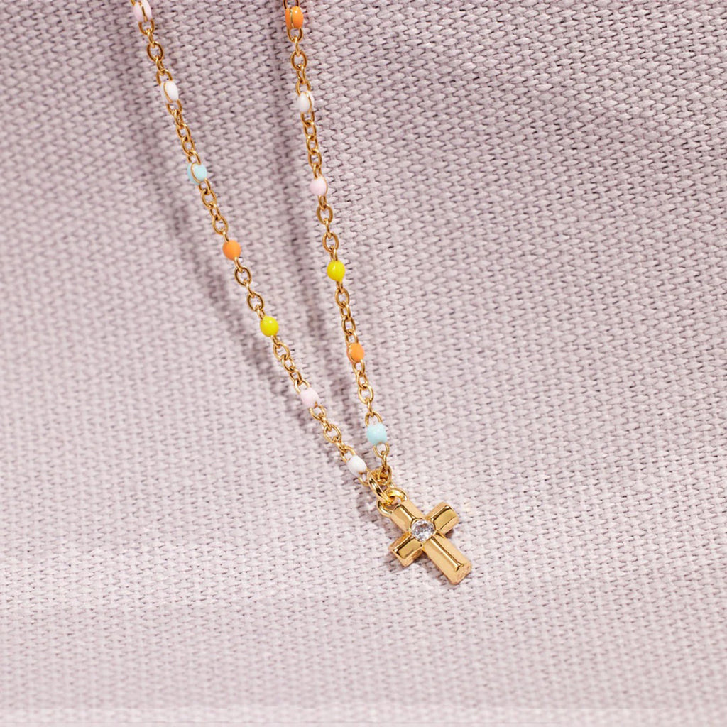 Inlaid Zircon 18K Gold-Plated Cross Bead Necklace - Laazaar