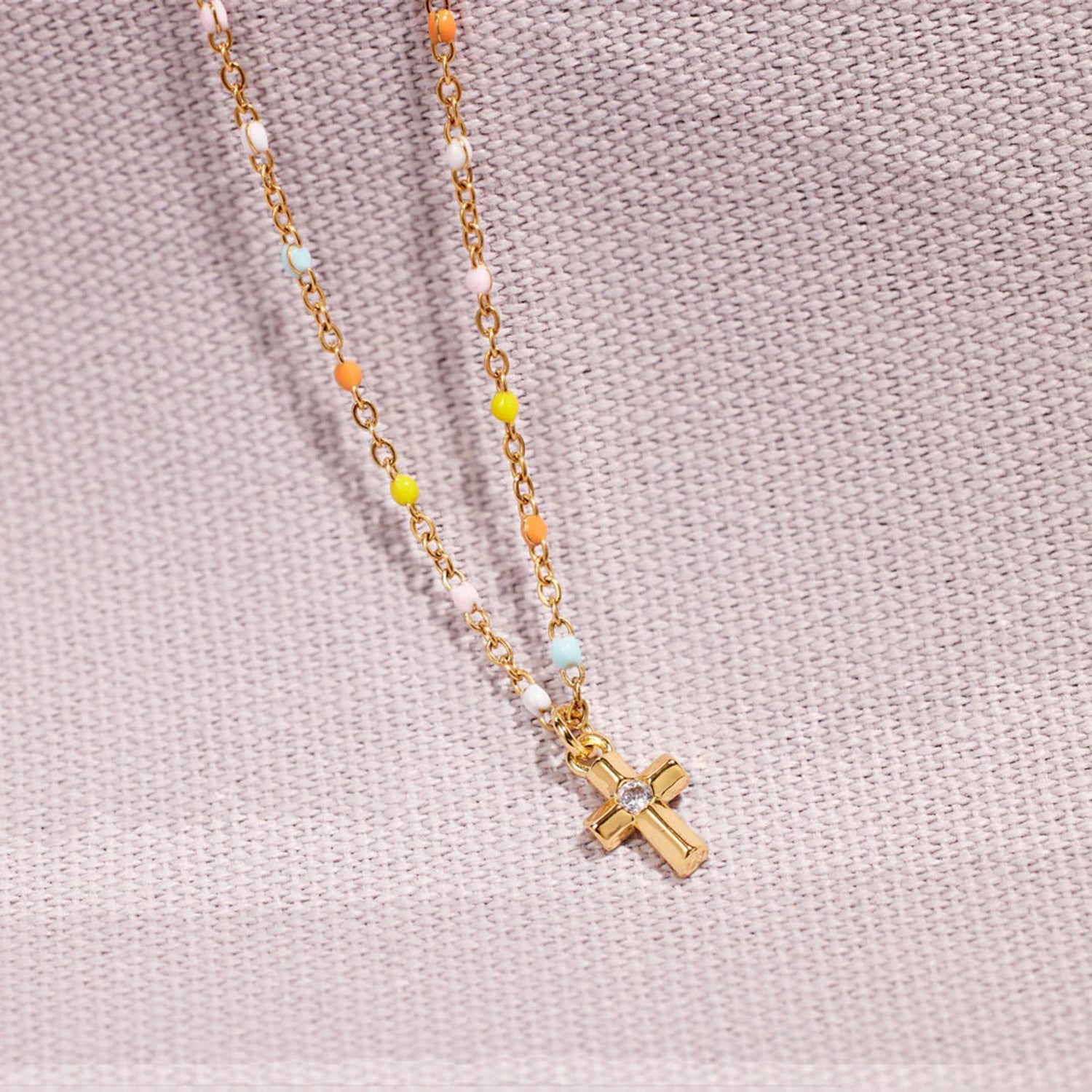 Inlaid Zircon 18K Gold-Plated Cross Bead Necklace - Laazaar