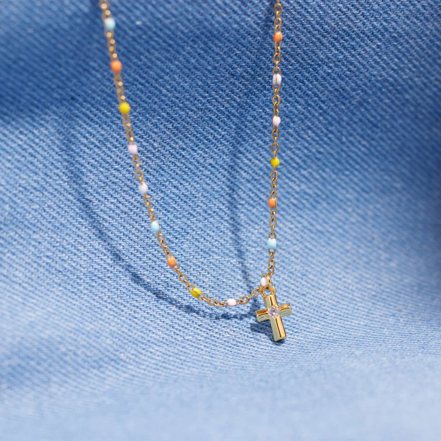 Inlaid Zircon 18K Gold-Plated Cross Bead Necklace - Laazaar