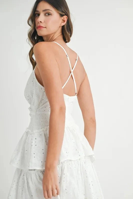 MABLE Lace Eyelet Ruffle Mini Dress With Front Cutout