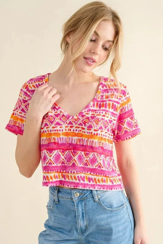 And The Why Printed V Neck Cropped T-Shirt