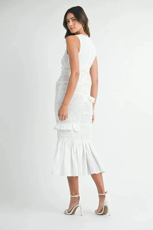 MABLE Ruffled Popcorn Smocked Mermaid Midi Dress
