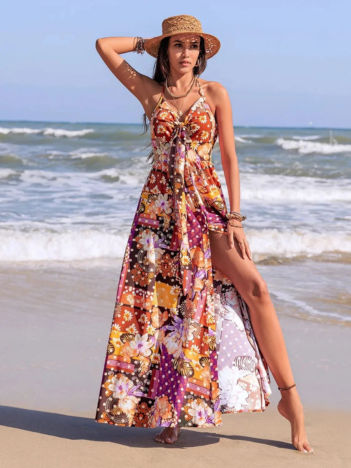 Slit Printed Halter Neck Cami Dress