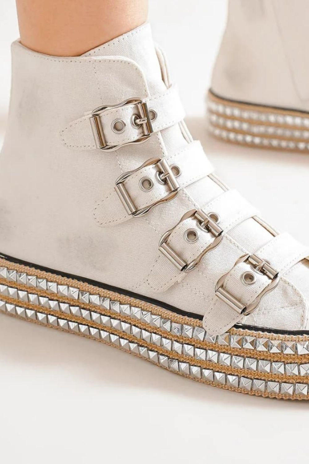 Beast Fashion Multi-Buckle Straps Studded Platform Sneakers - Laazaar